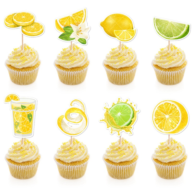 Lemon Theme Cake Toppers Paper Bamboo Fruit Lime Picks For Birthday Party Summer Event Baking Decoration Cartoon Style