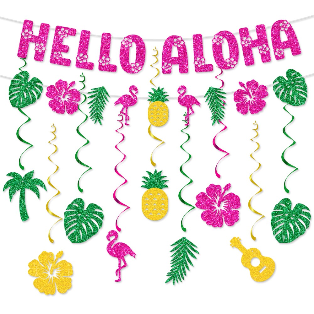 Glitter Paper Hawaiian Party Decorations Hello Aloha Flamingo Pineapple Tropical Leaf Hanging Banner For Summer Beach Luau Party