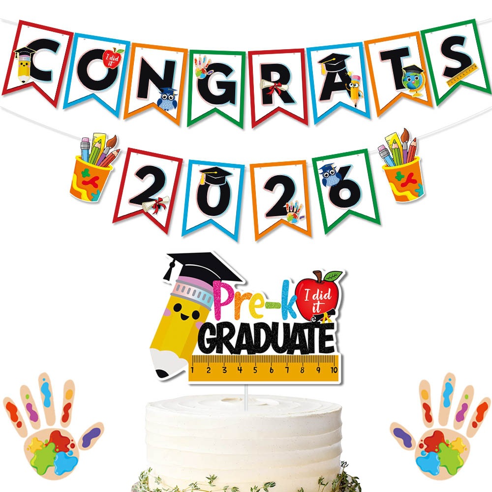Pre-K Graduation Decoration Set Cardstock Congrats 2026 Banner And Cake Topper School Classroom Kindergarten Party Supplies