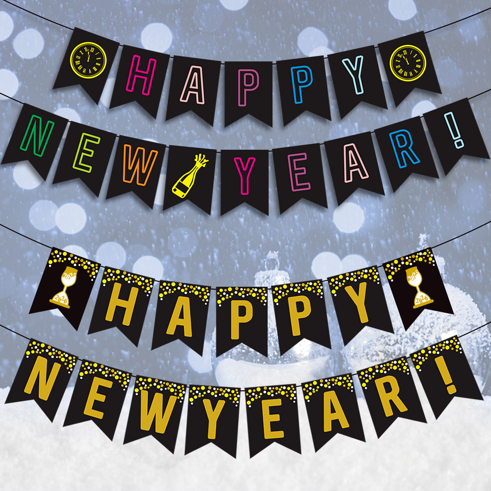 Happy New Year Banner Paper Neon Black Gold Garland For 2025 2026 New Year Eve Party Home Decoration DIY Bunting