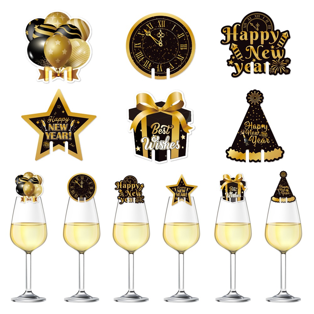 Happy New Year Wine Glass Decoration Cards Black Gold Paper Cup Rim Cards For New Year Eve Party Decorations Supplies