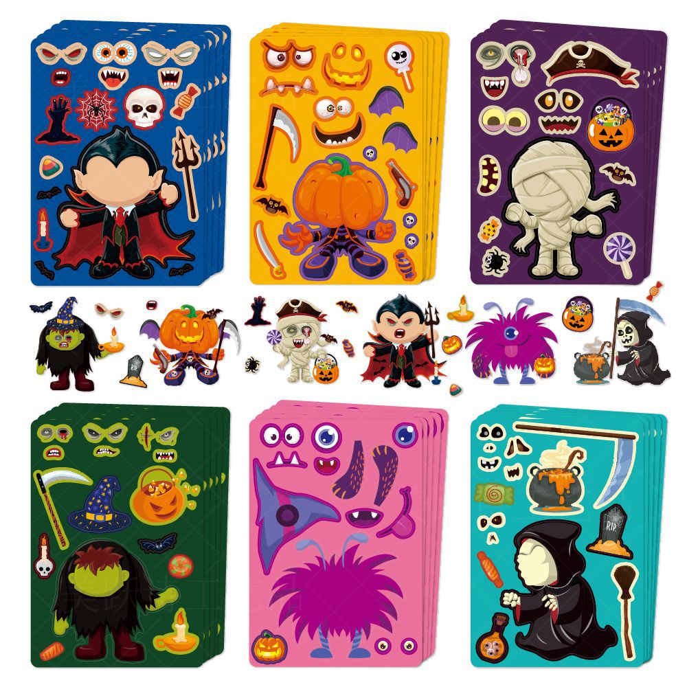 Halloween DIY Make A Face Stickers Cartoon Pumpkin Vampire Mummy Self Adhesive Paper For Party Decoration Kids Favors