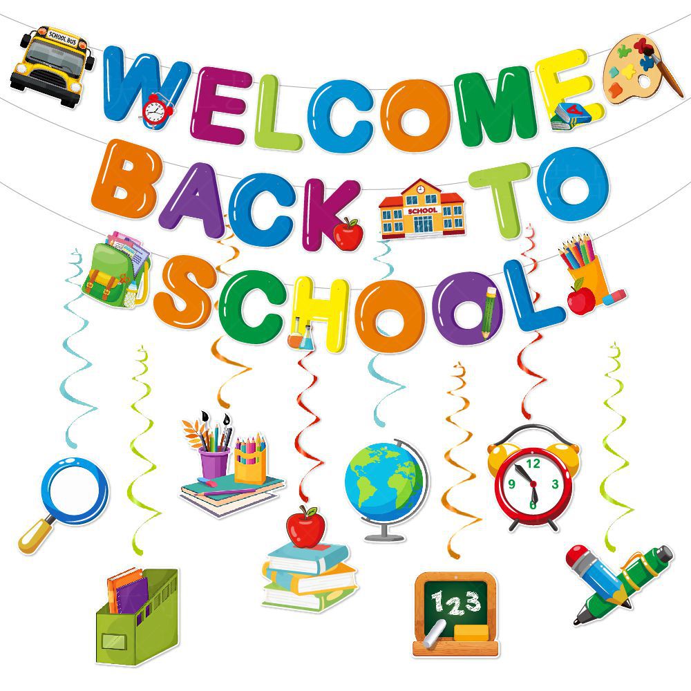 Welcome Back To School Banner And Hanging Swirl Decorations Set Paper Cardstock Colorful Cartoon Classroom Party Decor