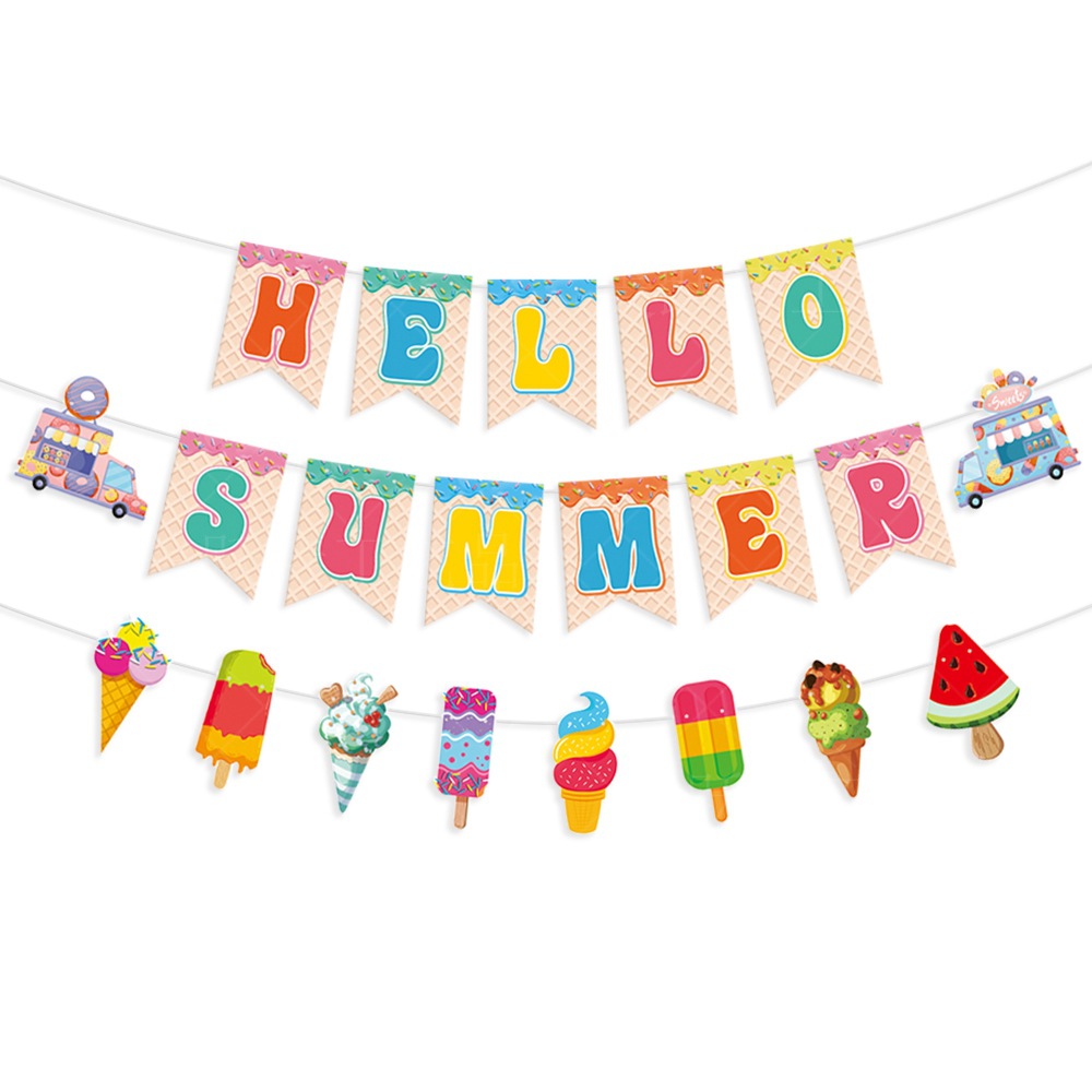 Hello Summer Party Banner Cardstock Ice Cream Donut Garland For Summer Hawaiian Beach Birthday Party Decoration Bunting Set