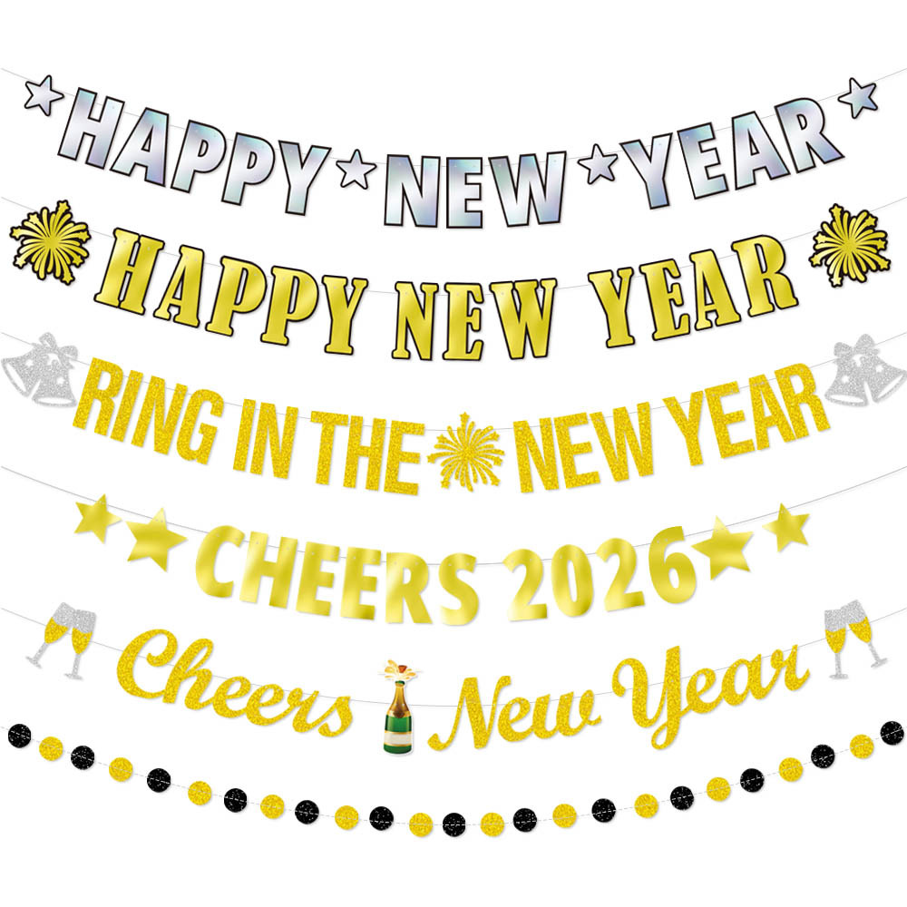 Happy New Year Banner Glitter Gold Laser Silver Hanging Garland Ring In The New Year Cheers 2026 For New Year Eve Party Decorations Home Decor Supplies
