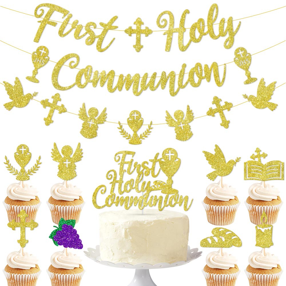 Gold Glitter First Holy Communion Party Decorations Banner Cake Toppers Religious Baptism Ceremony Supplies Set