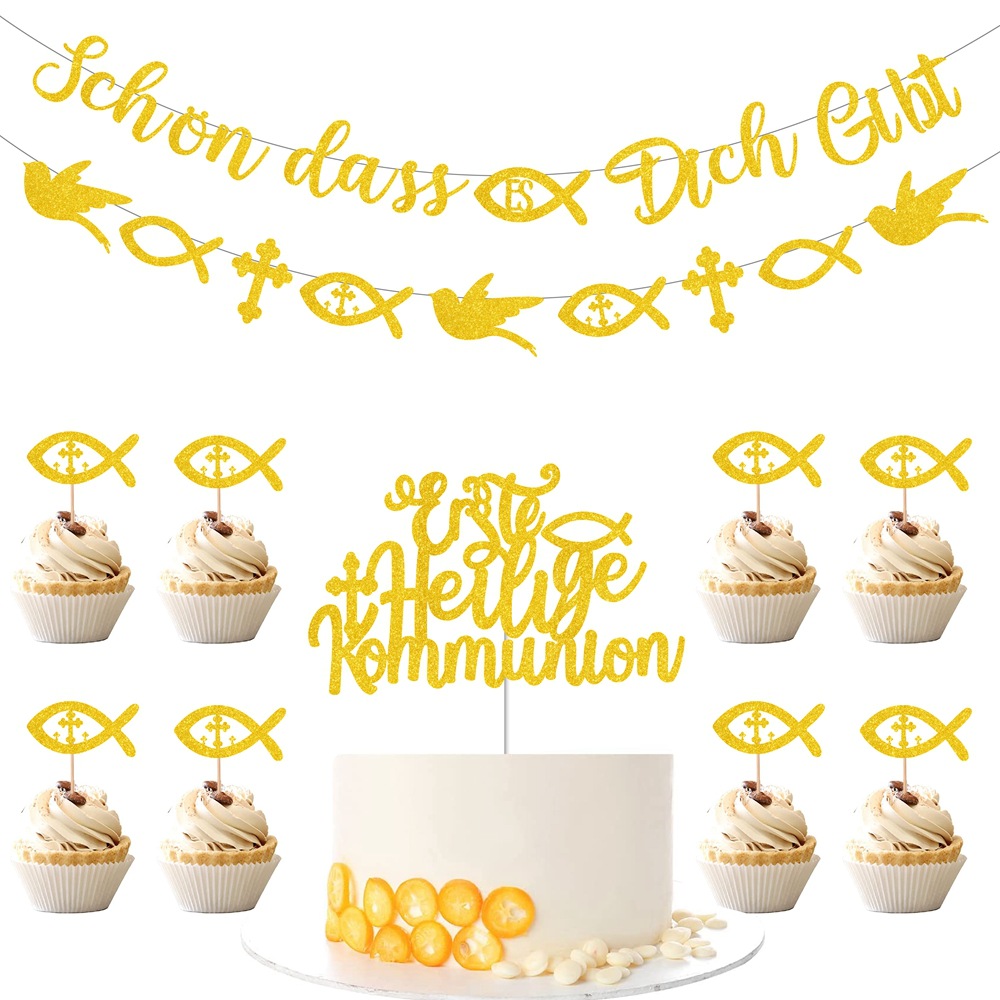 Gold Glitter German First Holy Communion Decoration Set Banner Fish Cross Cake Toppers For Baptism Party Decor Paper Decor