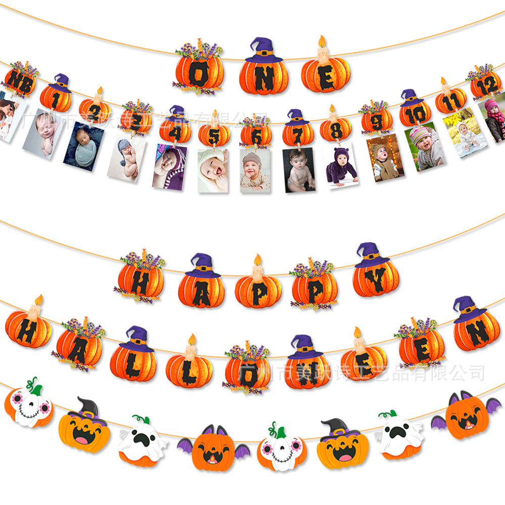 Halloween Pumpkin Paper Banner Ghost Bat Banners For First Birthday Baby Photo Milestone Party Decor Hanging Decoration