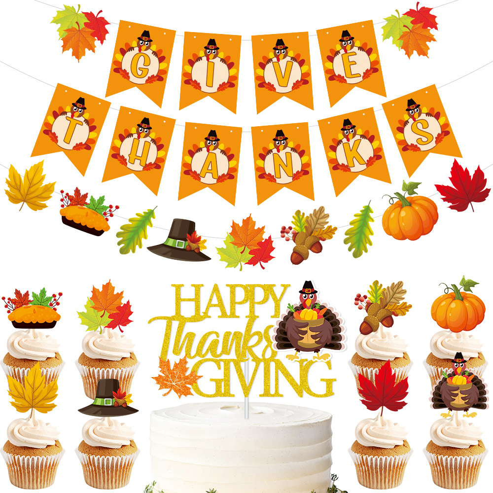 Thanksgiving Turkey Party Decorations Set Give Thanks Banner With Cake Toppers Autumn Harvest Paper Party Favors For Home