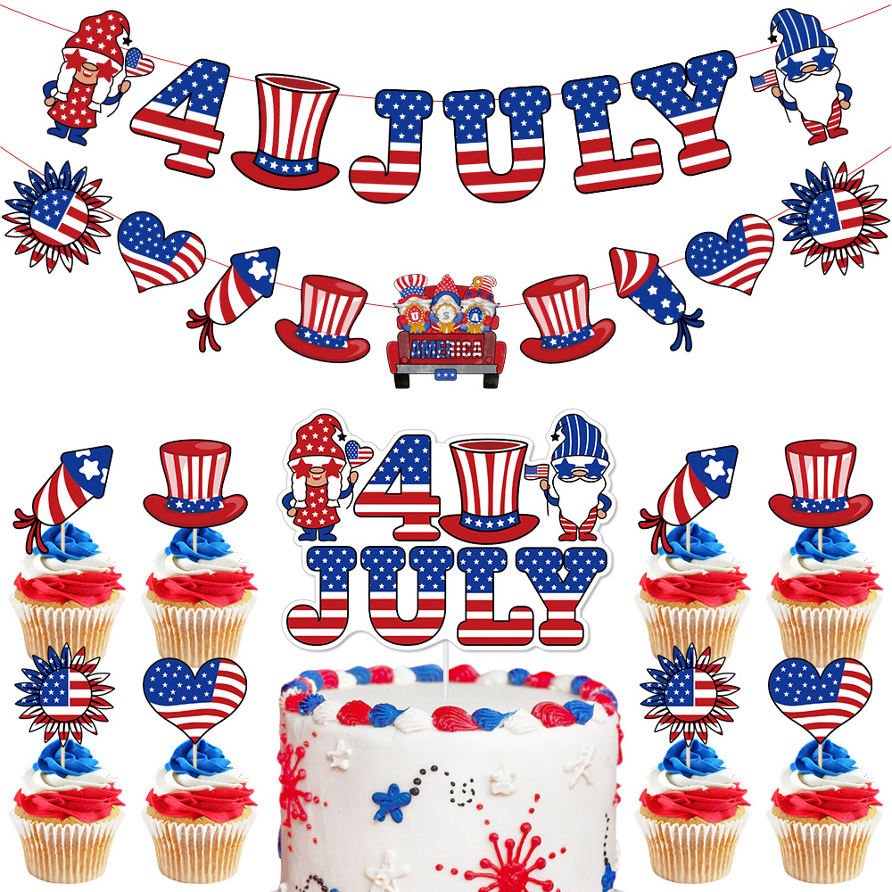 4th Of July Party Decoration Gnomes Banner Cake Topper Set Cardstock Wood Red White Blue Stars Stripes Independence Day