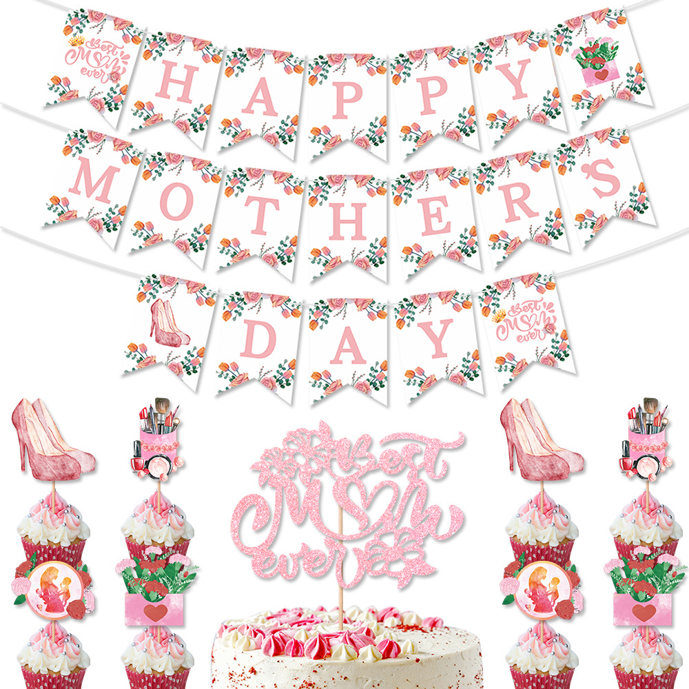 Mother's Day Party Decoration Set Banner Best Mom Ever Cake Topper Pink Tulip Paper Bunting Party Supplies Celebration