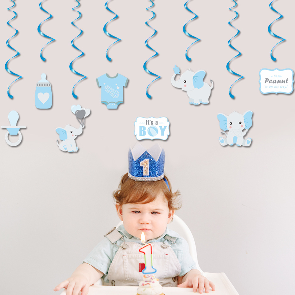 Blue Elephant Baby Shower Hanging Swirls Set Paper PVC Ceiling Decorations For Boy First Birthday Party Supplies