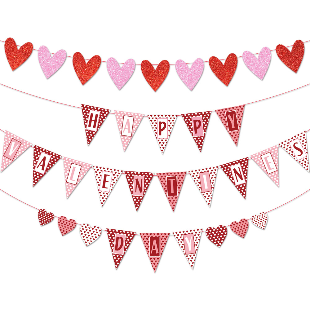 Valentine's Day Banner Paper Heart Garland Happy Valentine's Day Letter Decor For Party Wedding Room Romantic Pink Red