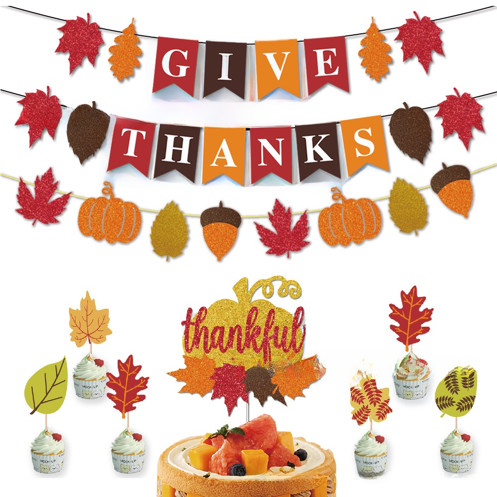 Thanksgiving Decoration Set Glitter Give Thanks Banner Maple Leaf Pumpkin Cake Toppers For Autumn Fall Harvest Party Home Decor