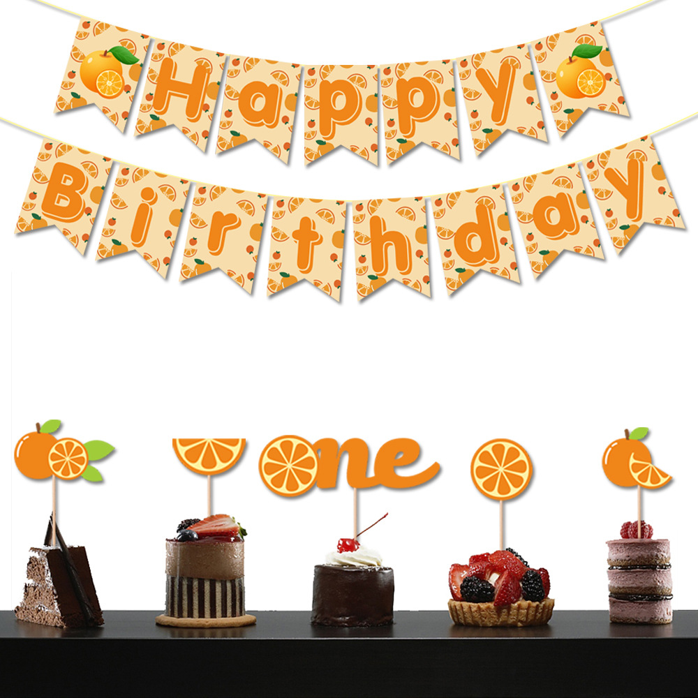 Orange Theme Birthday Party Decoration Set Little Cutie Glitter Cake Toppers Happy Birthday Banner For Baby First Birthday Party Supplies