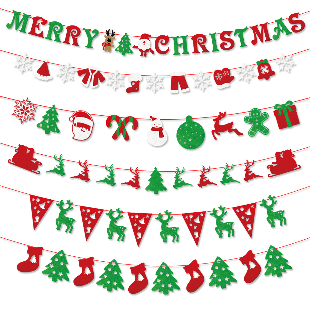 Christmas Banner Felt Non-woven Merry Christmas Garland Sled Moose Snowflake Hanging Bunting For Xmas Party Home Decor