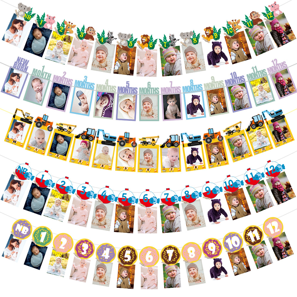 Baby First Birthday Photo Banner Paper Monthly Growth Milestone Hanging Decor For Party Baby Shower Nursery Boys Girls Decoration