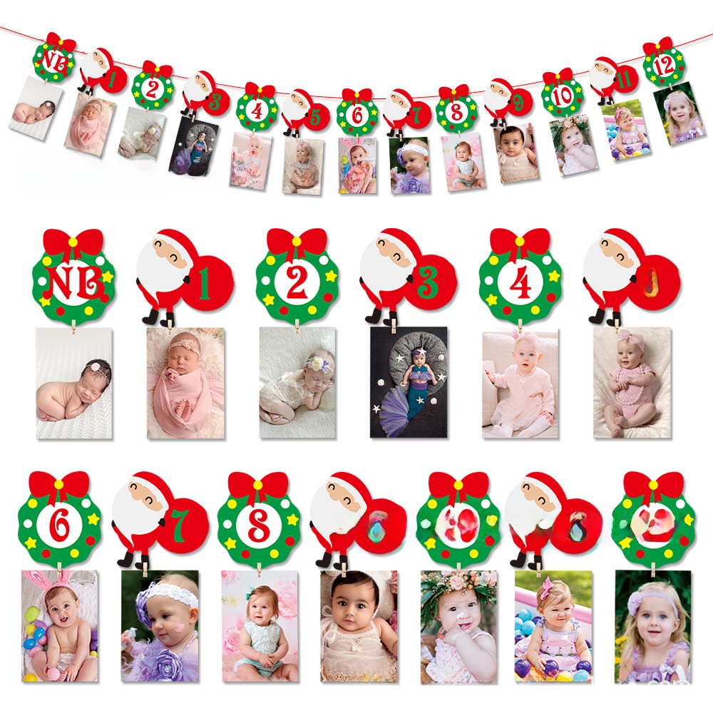 Christmas Baby First Birthday Photo Banner 12 Months Growth Record Bunting Paper Santa Claus Garland For Xmas Party Decor