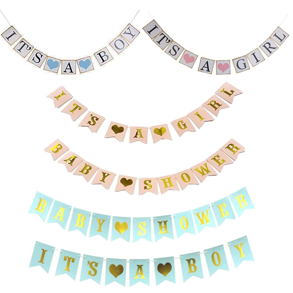 Baby Shower Banner Gold Foil Heart Cardboard Garland It's A Boy It's A Girl Banner For Birthday Gender Reveal Party Decorations