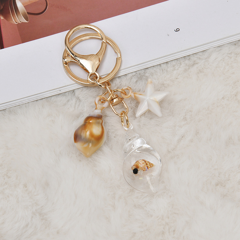 Unique Seaside Real Conch Starfish And Pentagram Keychain Pendant For Bags