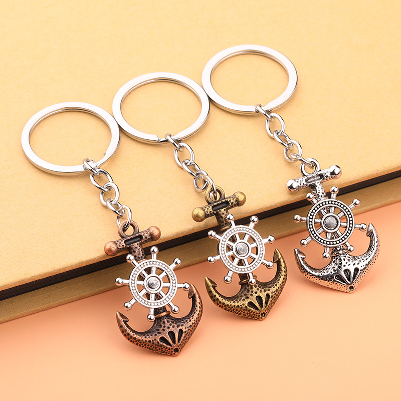 Vintage Metal Nautical Anchor Rudder Keychain Rotatable Ship Wheel Key Ring Pendant Bag Hanging Charm Retro Style Gift