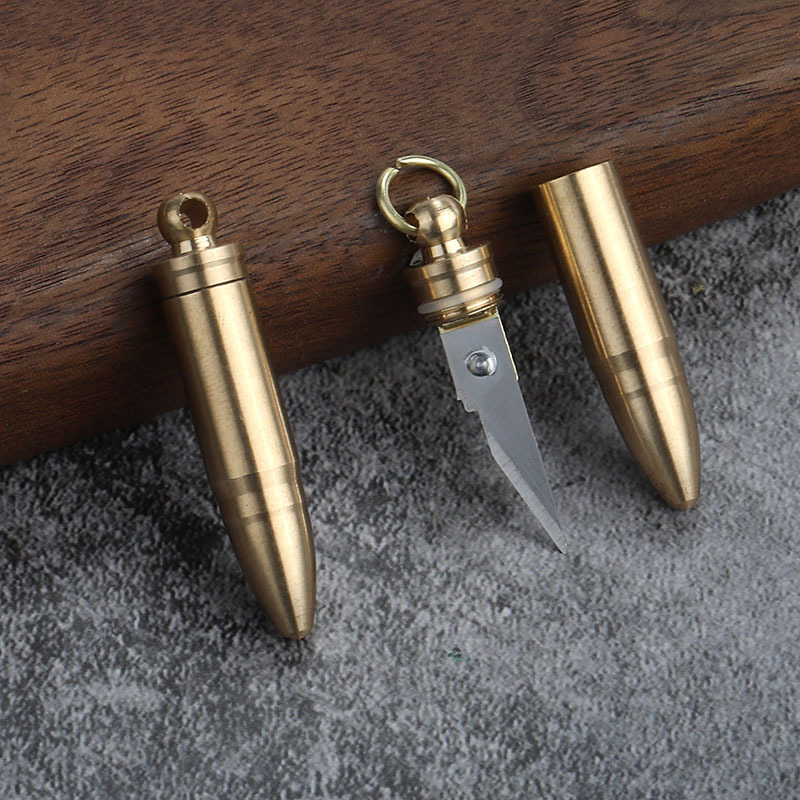 Mini Brass Folding Knife Keychain Bullet Shape Portable Stainless Steel Blade Courier Opener Military Style Edc Pocket Tool