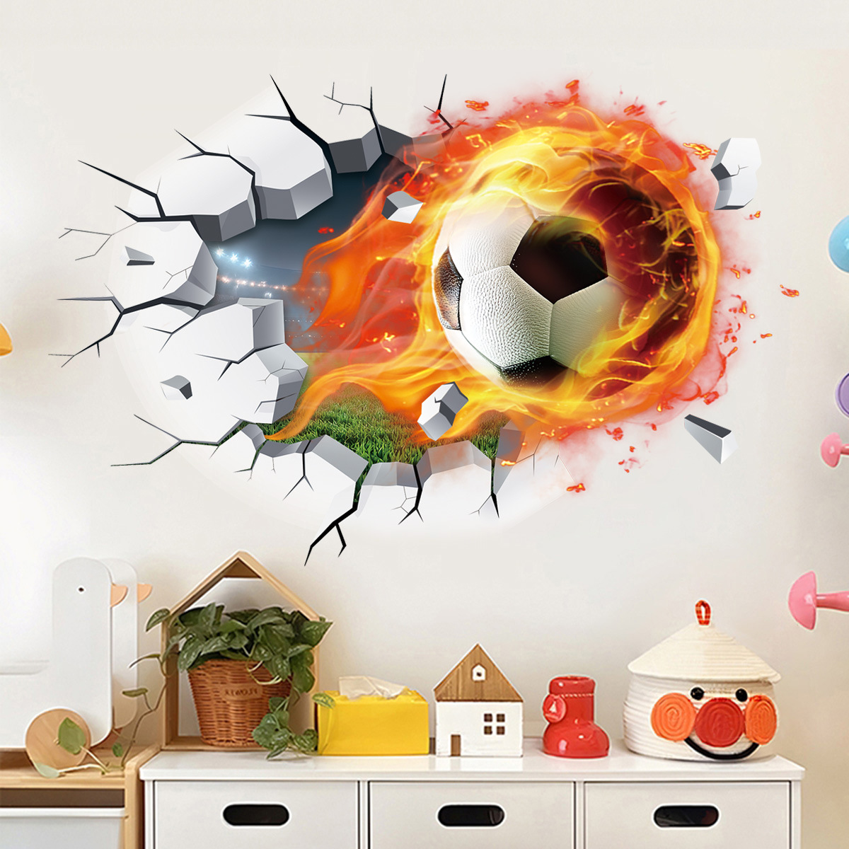 3D Flaming Soccer Breaking Wall Sticker PVC Removable Sports Themed Decal For Kids Room Decor Bedroom Living Room Art