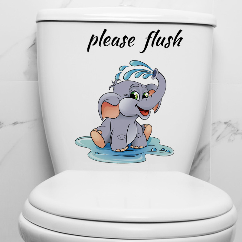 Waterproof PVC Cartoon Elephant Toilet Sticker With Please Flush Reminder Sign Removable Self Adhesive Bathroom Wall Decal