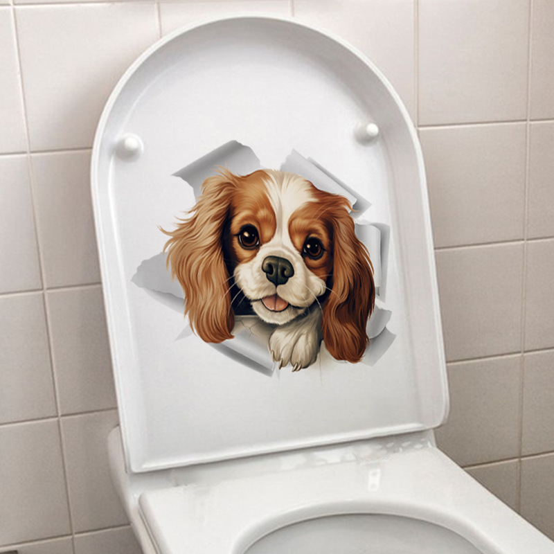 3D Puppy Cat Toilet Stickers Waterproof PVC Animal Wall Decals Creative Broken Hole Effect Bathroom Home Decor Stickers