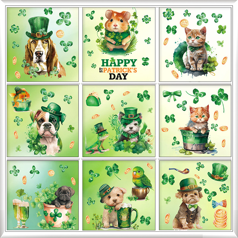 St Patrick's Day Window Clings Double Sided Static PVC Stickers Shamrock Gnomes Decorations For Home Party Store Glass Decor
