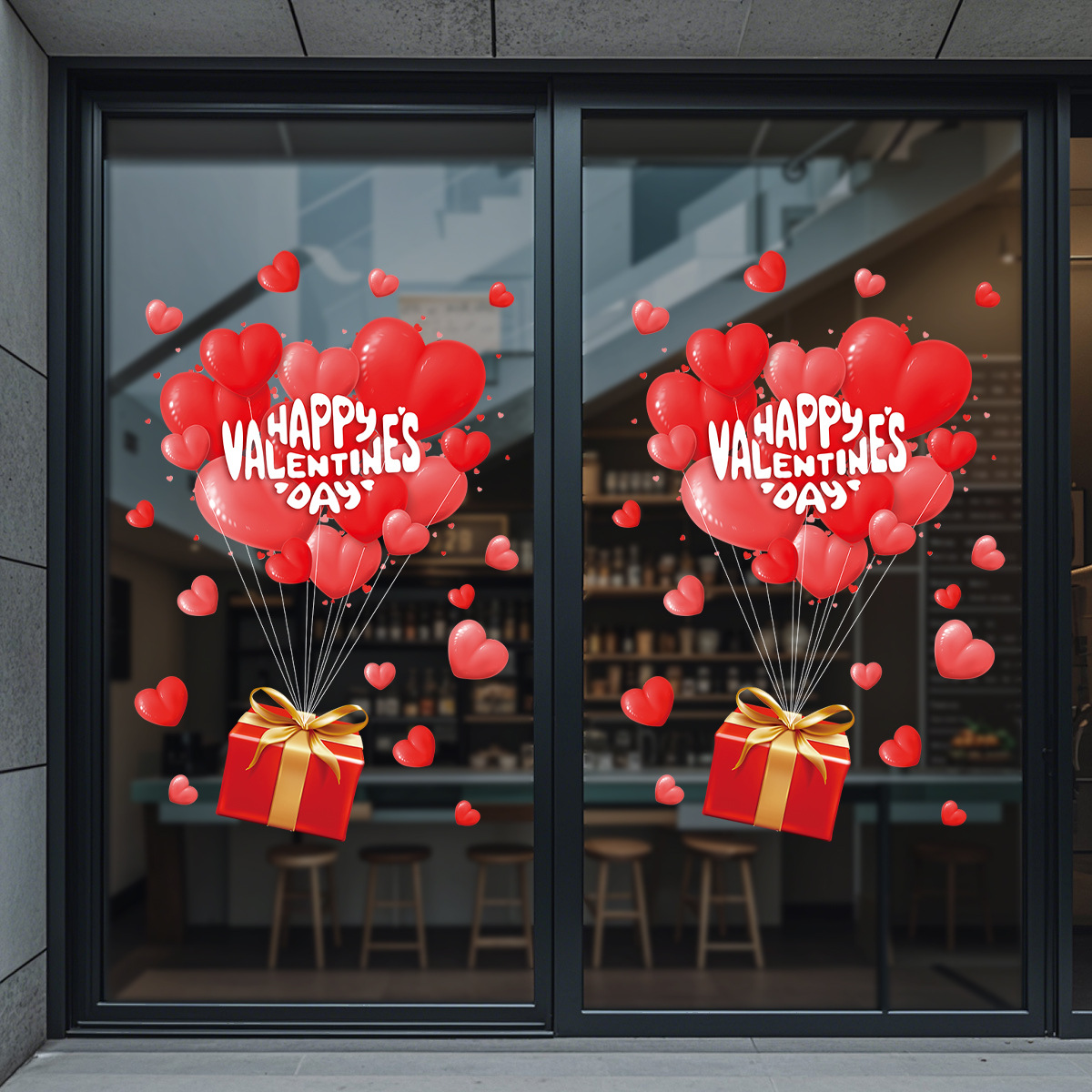 Romantic Valentine's Day Window Stickers PVC Heart Air Balloons Gift Box Decals For Glass Shops Home Festival Decoration