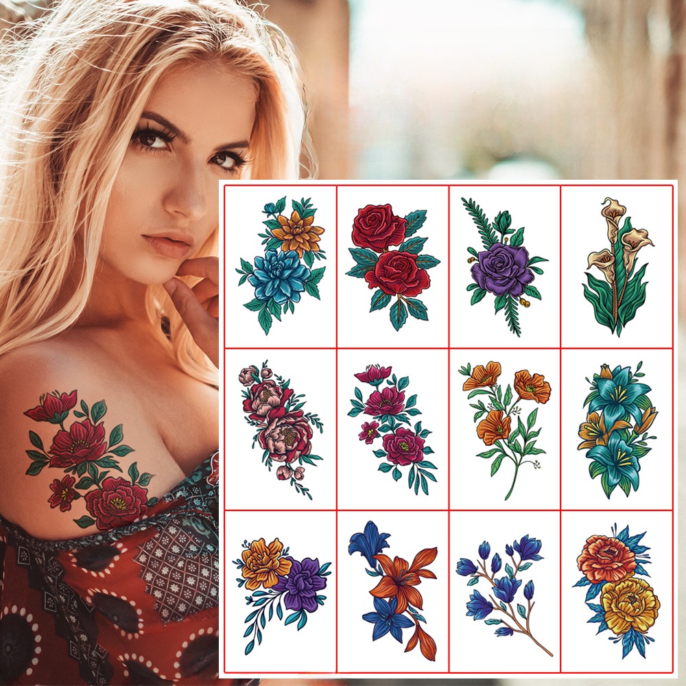 Original Colorful Floral Tattoo Stickers Sexy And Waterproof For Hands Arms Waist And Chest