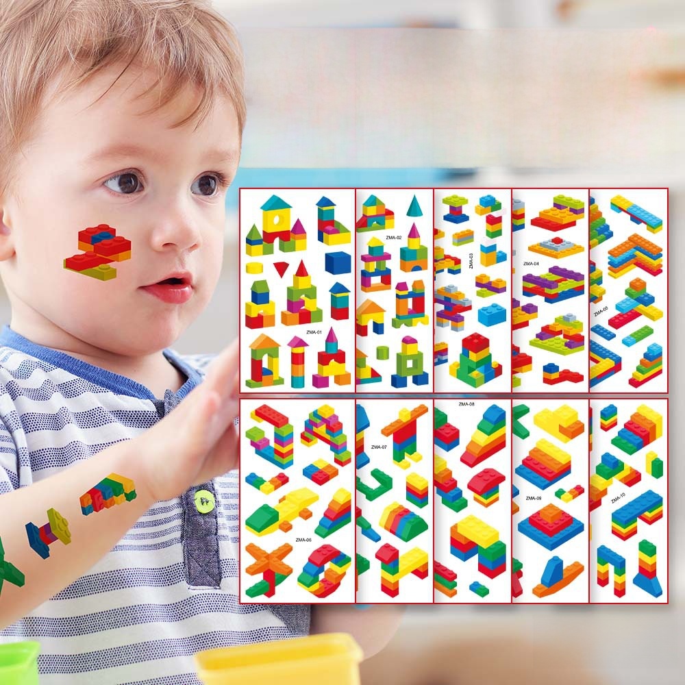 Building Block Temporary Tattoo Stickers Waterproof Colorful Geometric Brick Body Art For Kids Party Water Transfer Ink