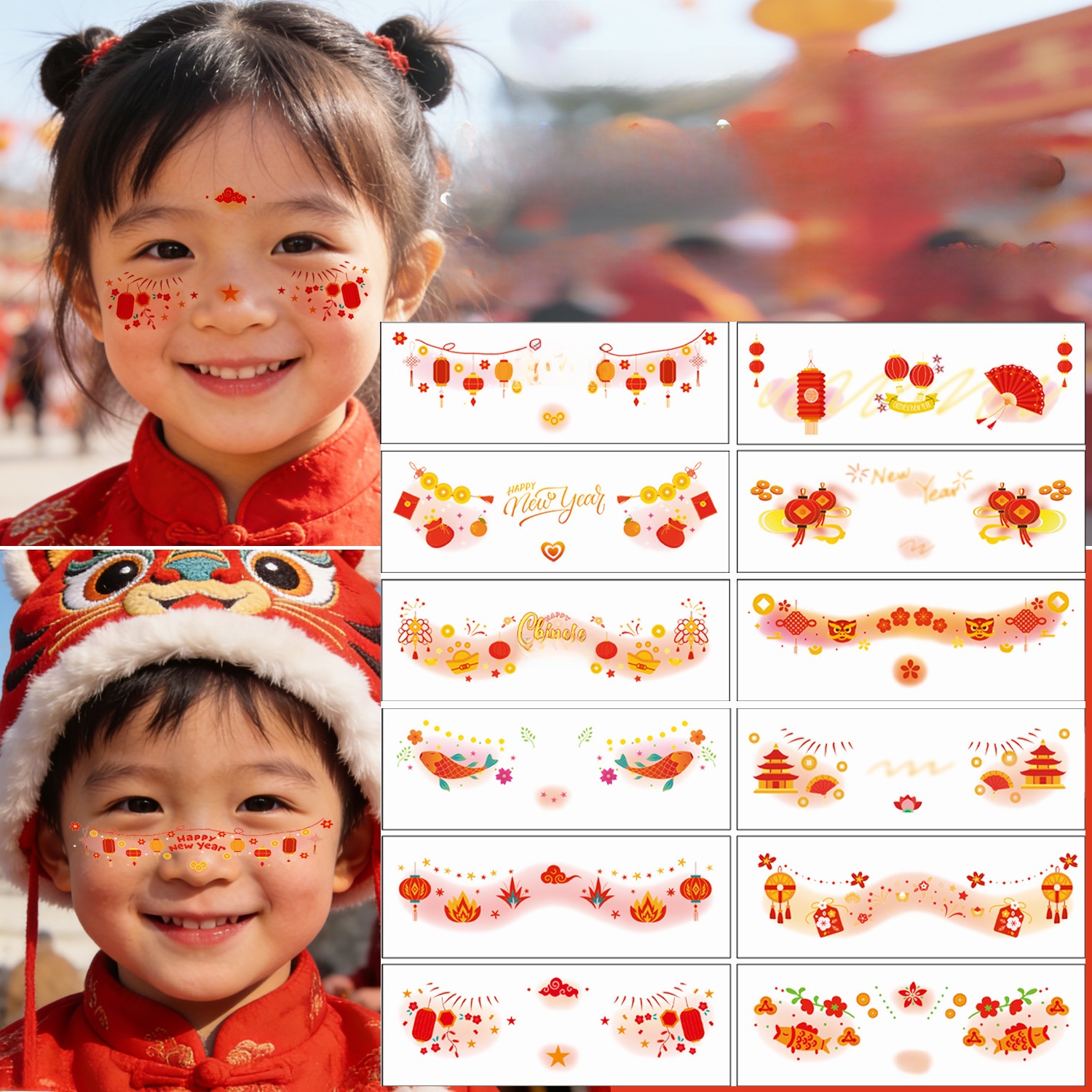 Chinese New Year Temporary Tattoo Stickers Water Transfer Paper Face Stickers Lantern Koi Happy New Year Decals For Kids