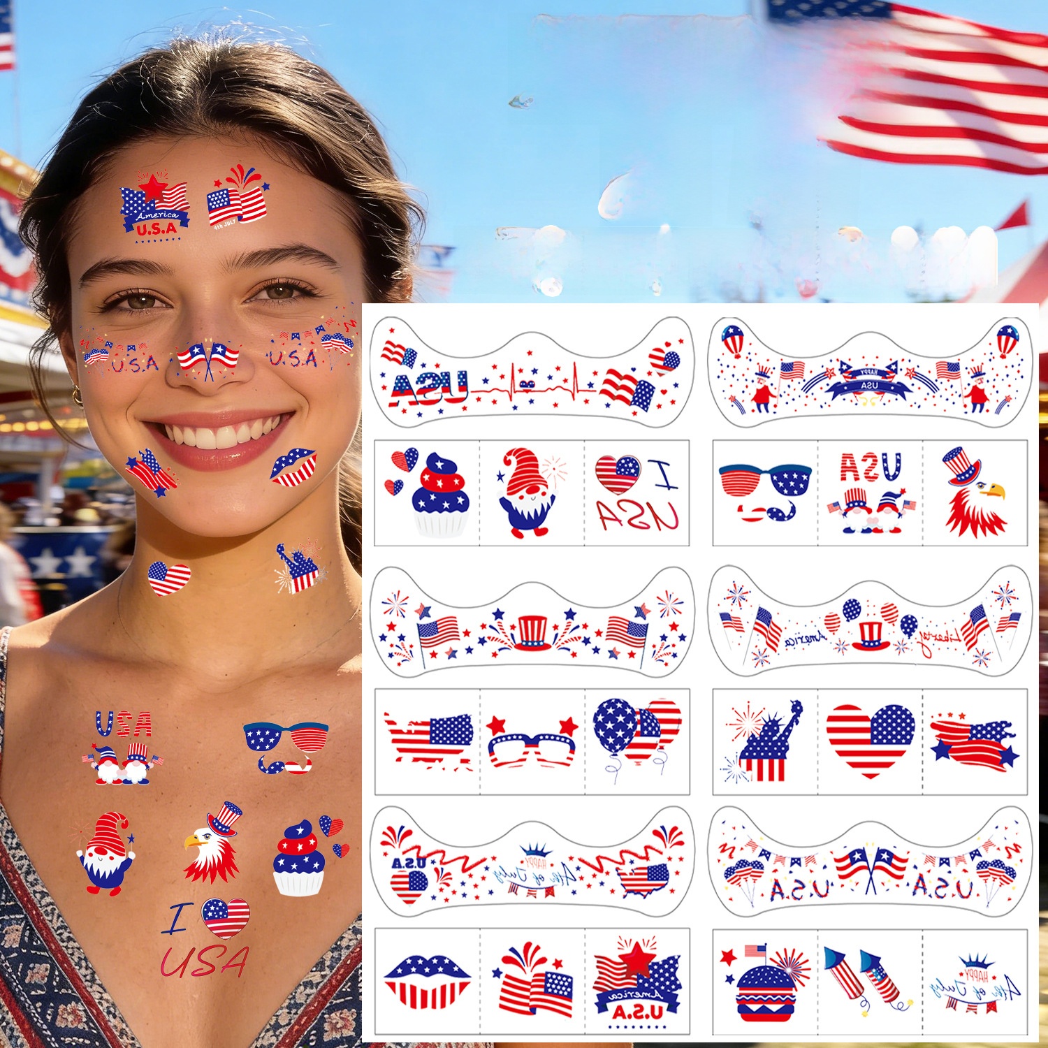 Independence Day US Flag Temporary Face Tattoos Stars Stripes Red White Blue Waterproof Stickers For July Fourth Party Celebration Patriotic Decorations