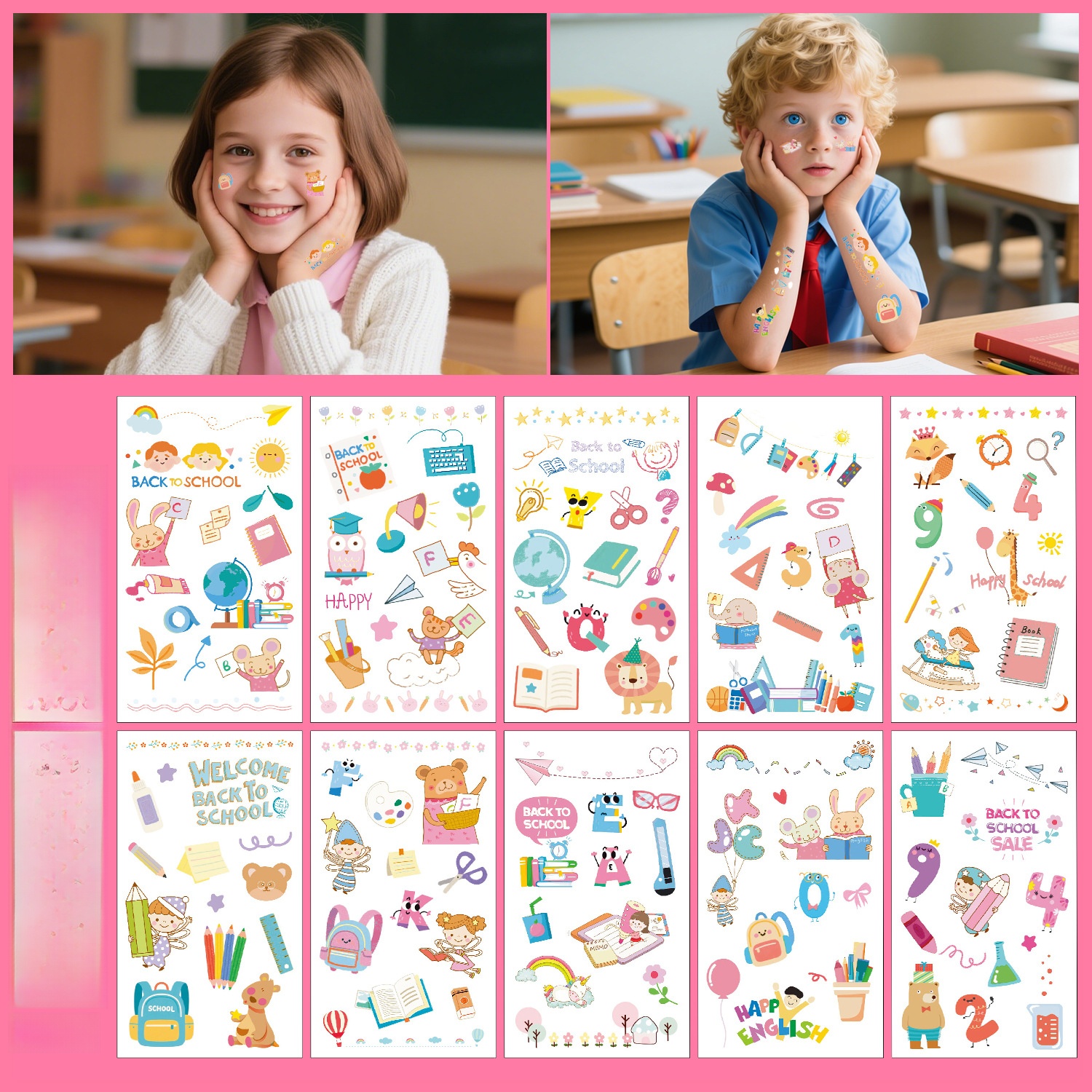 Back To School Temporary Tattoos Children Cartoon Animal Stationery Alphabet Numbers Waterproof Temporary Tattoo Stickers Set For Kids Students Body Art Decoration