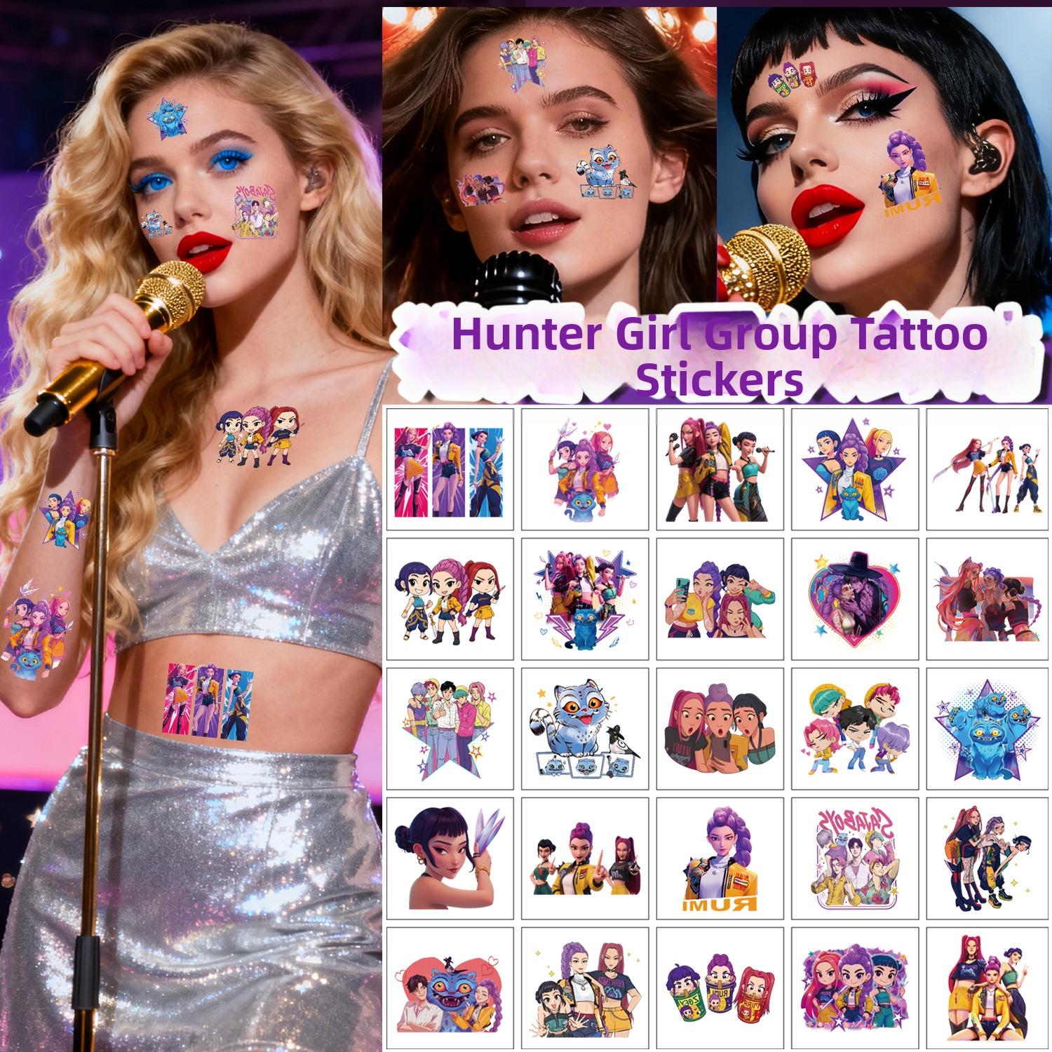 Waterproof Temporary Tattoo Stickers Anime Girl Group Mystery Horror Theme Cartoon Body Art Decals for Party Makeup