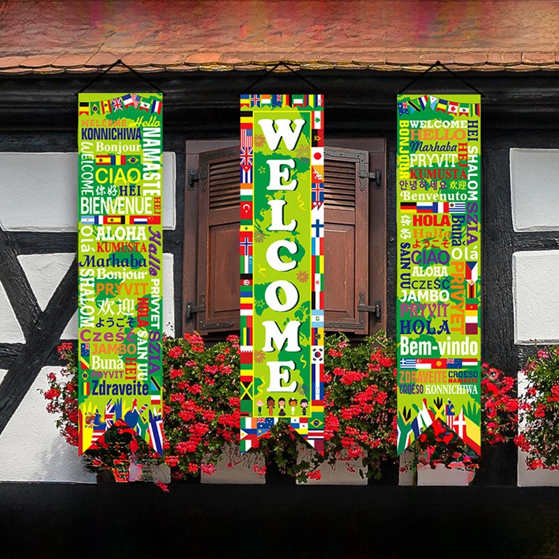 International Welcome Banner Set Polyester Multi-Language Greetings Flags Print Porch Door Wall Hanging Party Decoration