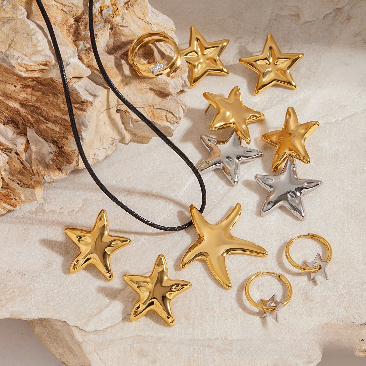 Fashion Stainless Steel Star Jewelry Set For Women Gold Silver Sea Star Necklace Star Earrings And Open Ring Waterproof Hypoallergenic Jewelry Accessories