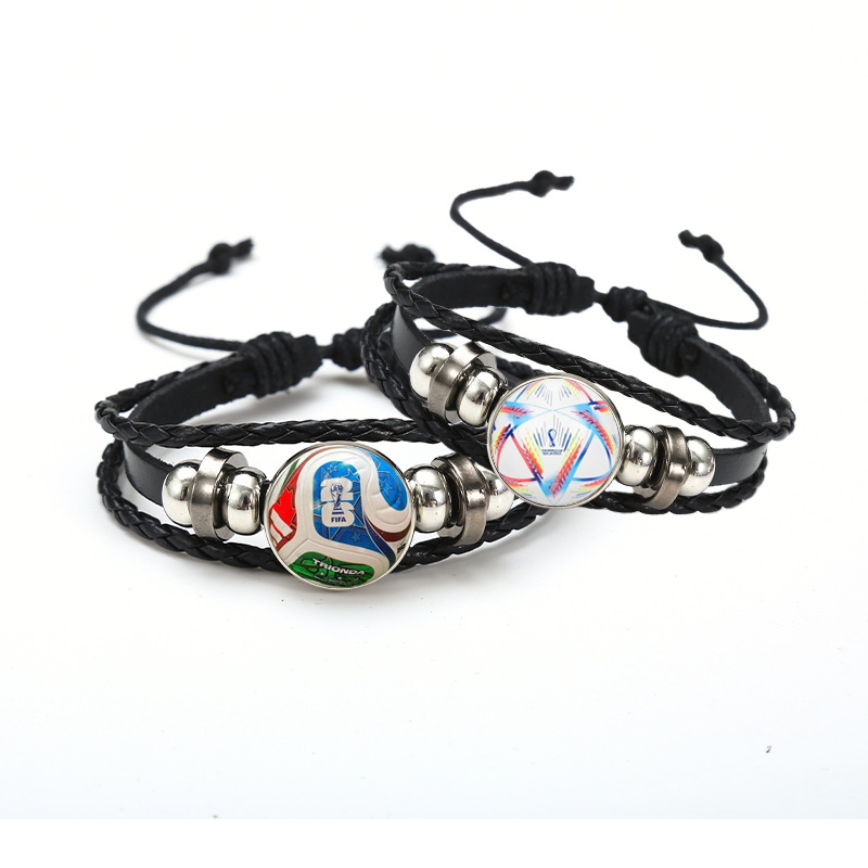 Multi-layer Braided Leather Bracelet Glass Time Gem Football Theme Adjustable Sporty Wristband For Men Women Unisex Jewelry