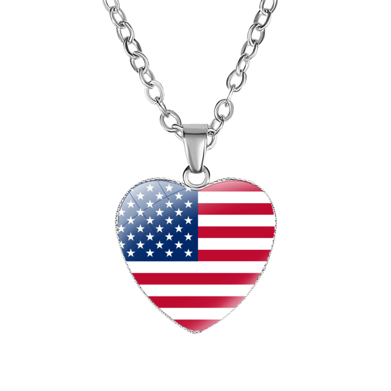 Patriotic USA Flag Heart Pendant Necklace Glass Time Gem Alloy Chain Jewelry For Women Girls Daily Accessory