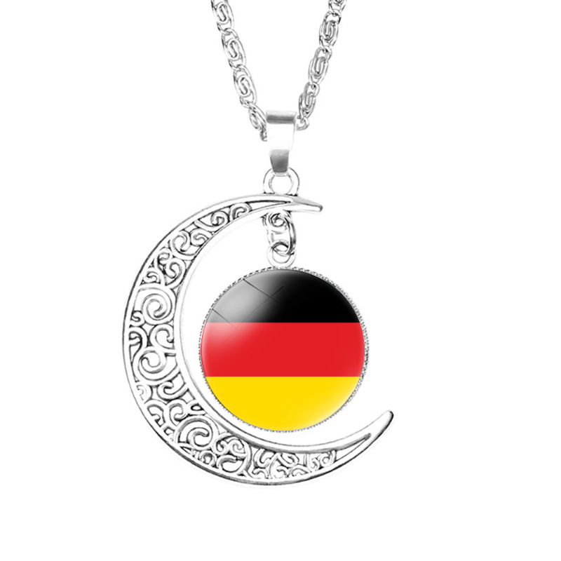 European Country Flag Moon Pendant Necklace Alloy Glass Cabochon Crescent National Pride Retro Jewelry For Women Men