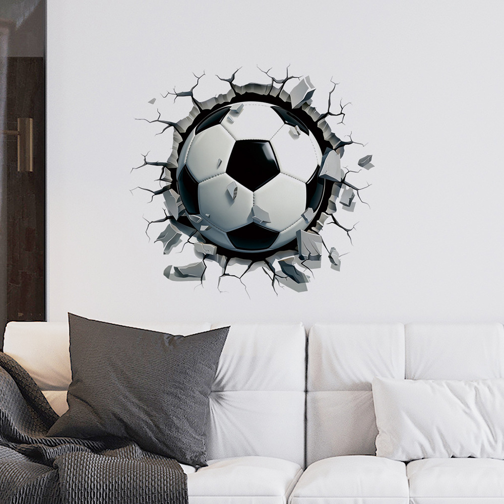 3D Football Broken Wall Sticker PVC Waterproof Self Adhesive Sporty Wall Decal For Living Room Bedroom Kids Room Decor