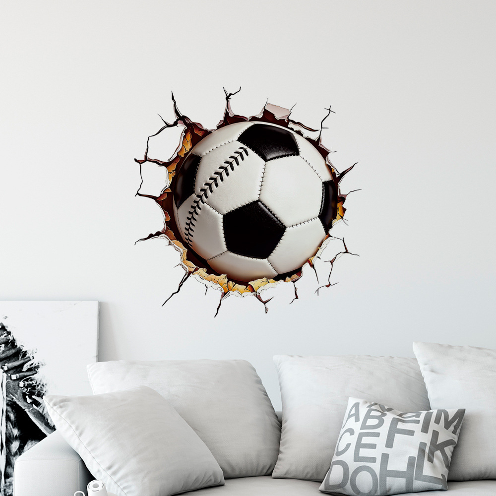 3D Soccer Wall Sticker PVC Waterproof Self-Adhesive Breaking Through Wall Visual Effect Decal For Living Room Bedroom Kids Room Sports Fans Decor
