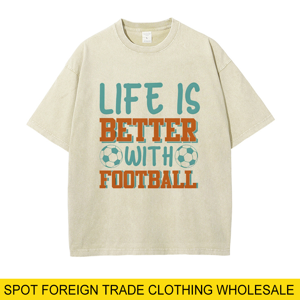 Vintage Men Football T-Shirt Acid Washed Heavyweight Cotton Short Sleeve Oversized Tee Life Is Better With Football Top