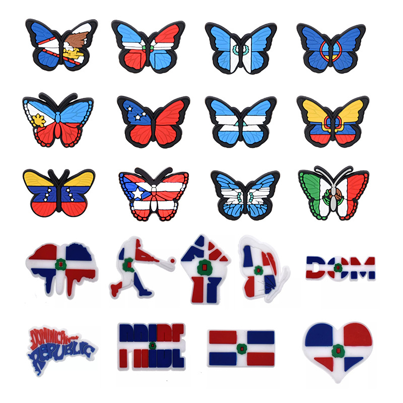 PVC Butterfly National Flag Shoe Charms DIY Soft Glue Decoration For Clogs Sandals Phone Cases Dominican Republic Mexico USA Patriotic Sports Baseball Player Shoe Pins Accessories For Kids Adults