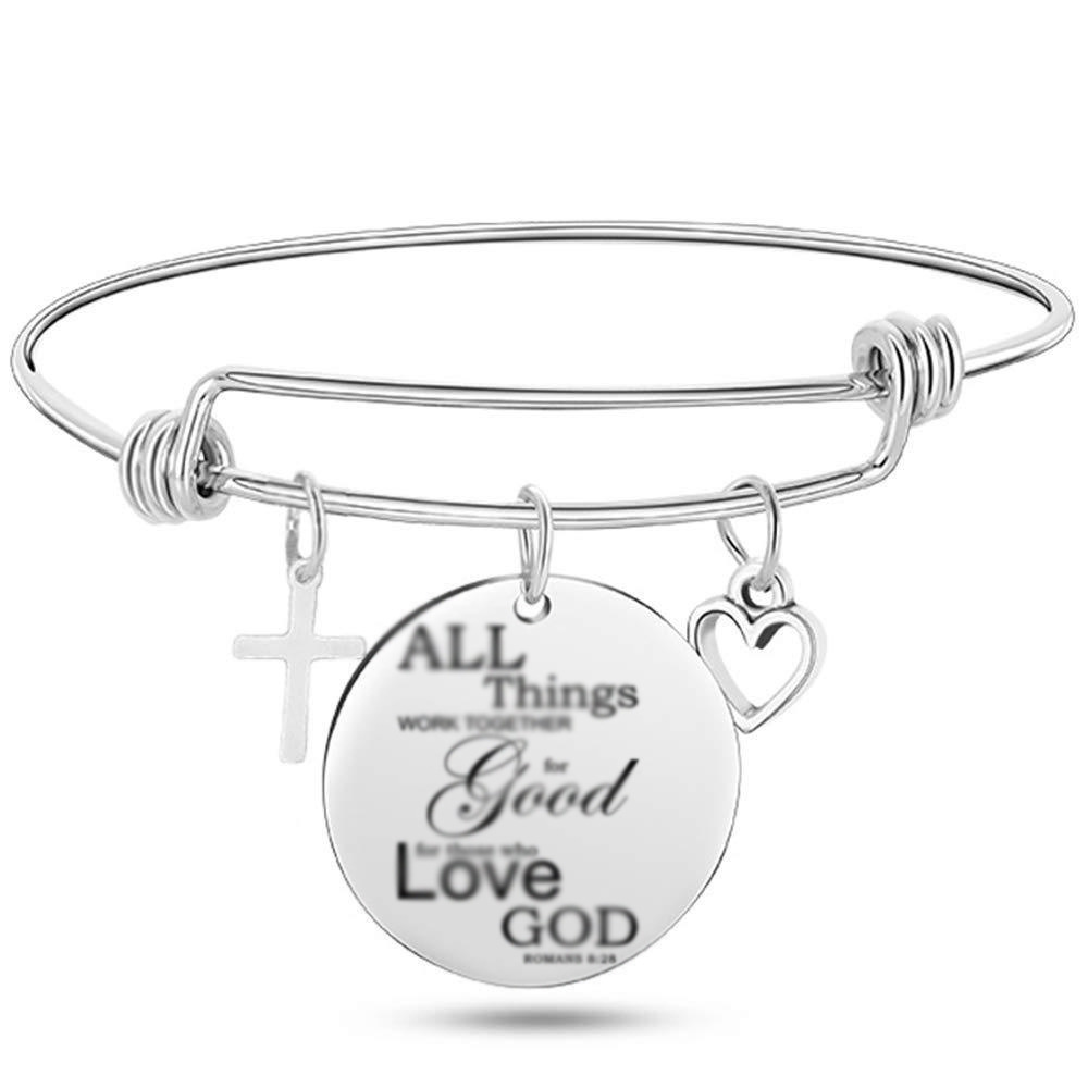 Stainless Steel Adjustable Wire Bangle Bracelet With Cross Heart And Inspirational Bible Verse Pendant For Women Religious Jewelry