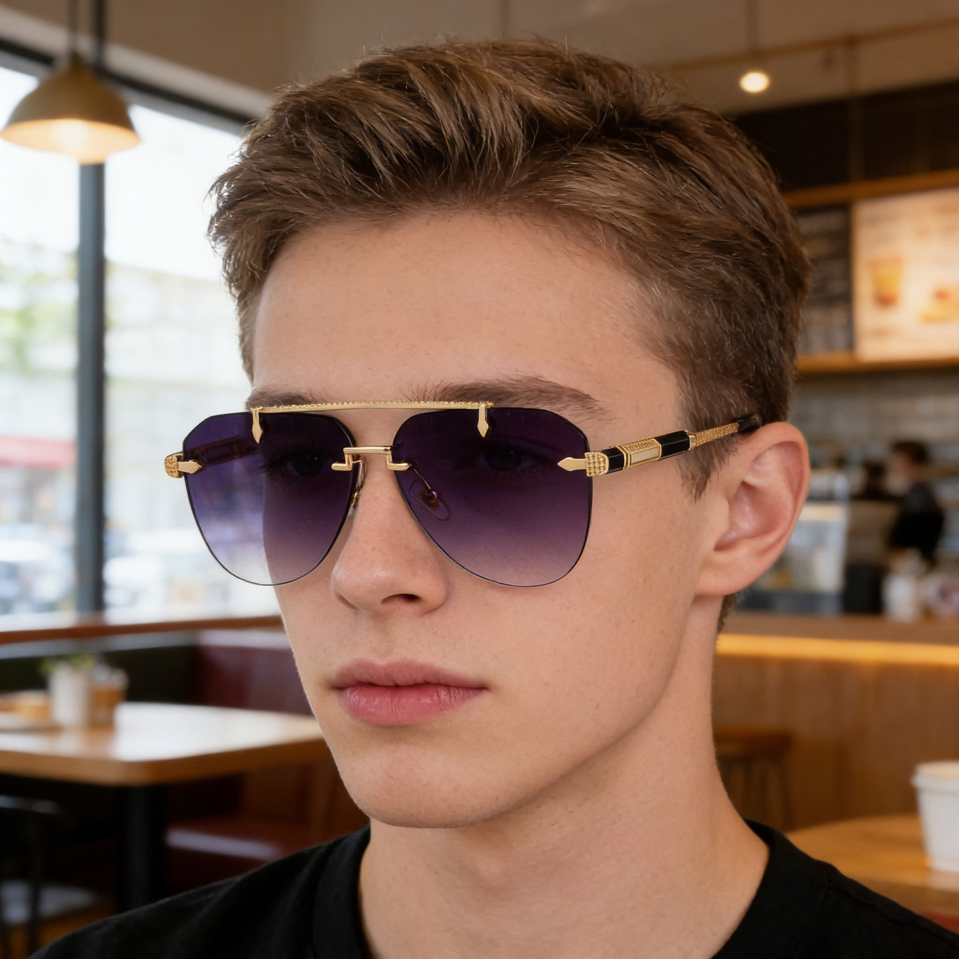 Wholesale Men's Rimless Aviator Sunglasses Metal Frame Gradient Lens - Everful