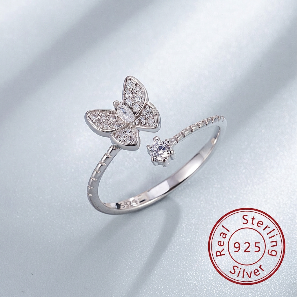 Wholesale S925 Sterling Silver Butterfly Rhinestone Open Ring - Everful