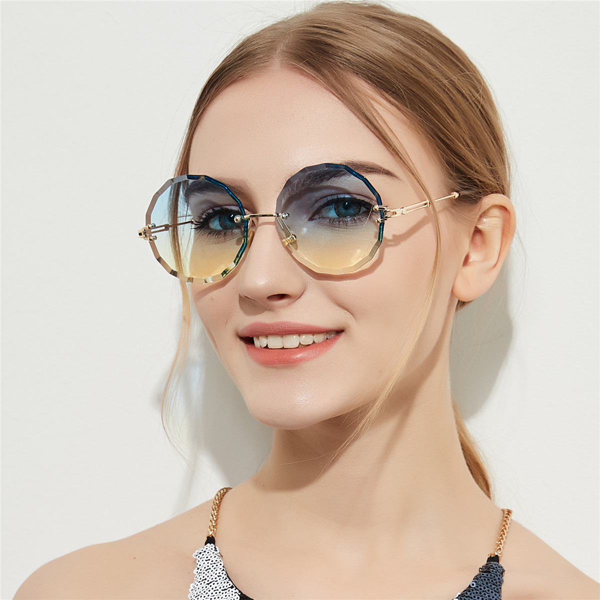 Wholesale Retro Rimless Diamond Cut Round Women's Sunglasses - Everful